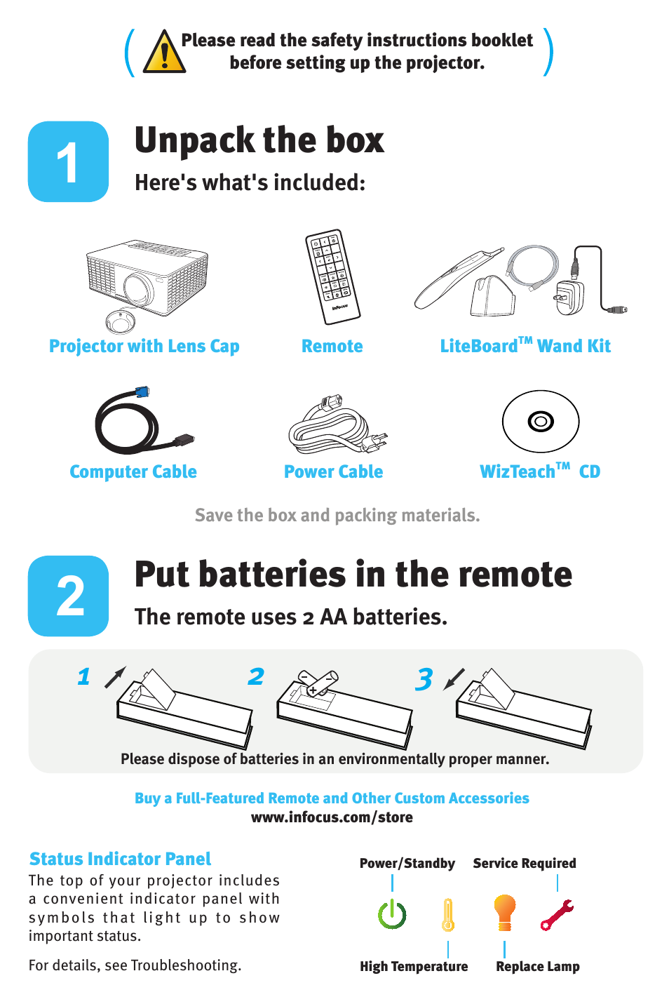 Unpack the box, Put batteries in the remote | InFocus IN3900 User Manual | Page 2 / 8