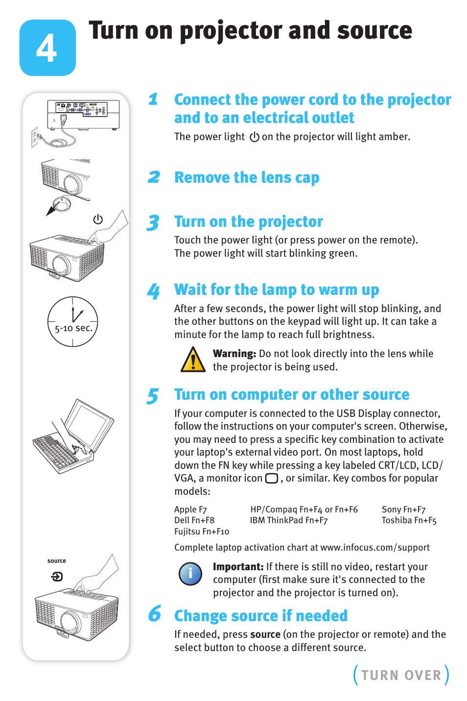 Turn on projector and source, Remove the lens cap, Turn on the projector | Wait for the lamp to warm up, Turn on computer or other source, Change source if needed | InFocus IN3900 User Manual | Page 4 / 8