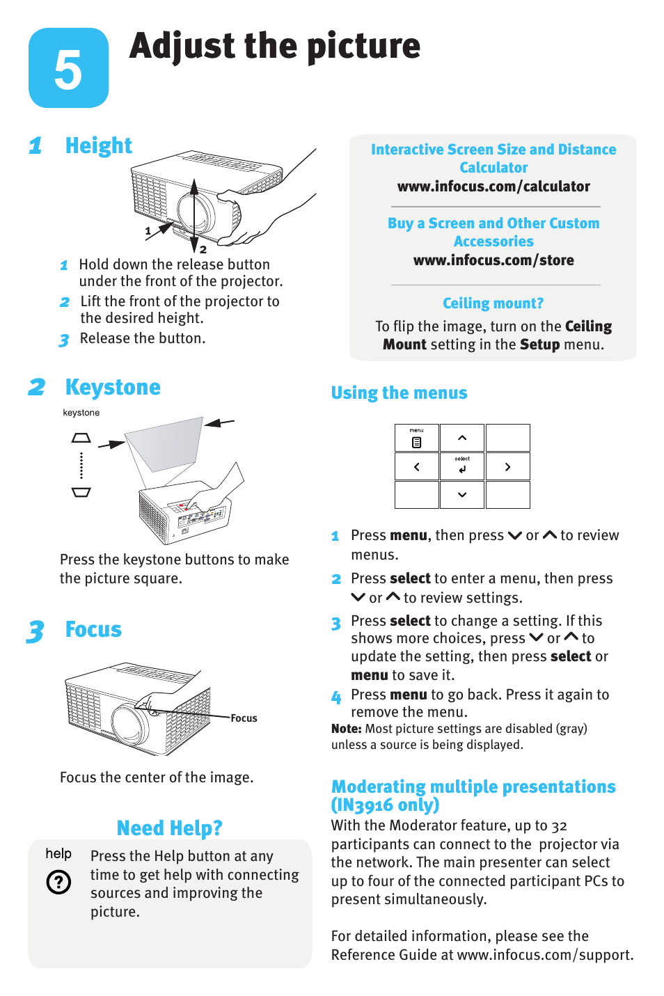 Adjust the picture, Height, Keystone | Focus, Need help | InFocus IN3900 User Manual | Page 5 / 8