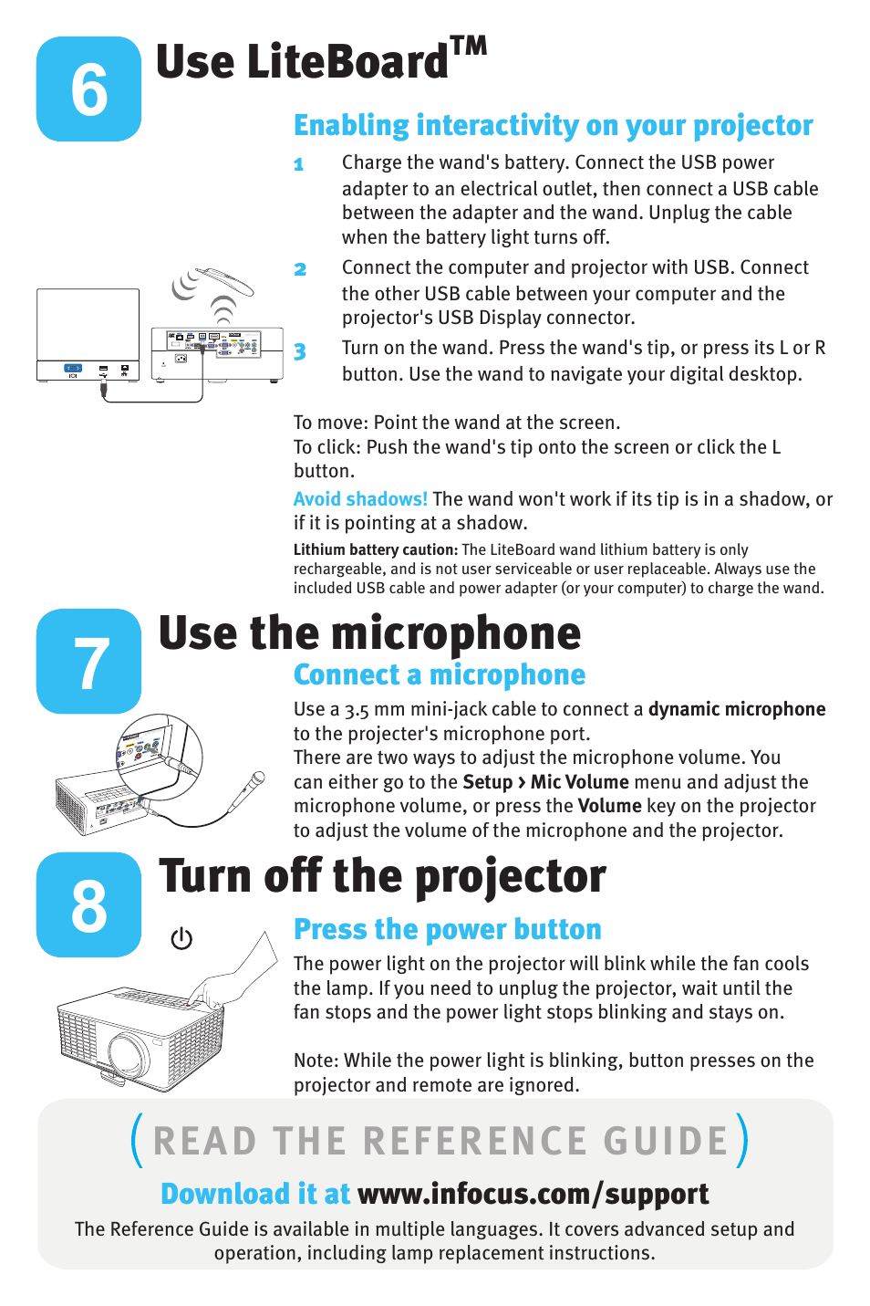 Use liteboard, Turn off the projector, Use the microphone | Read the reference guide | InFocus IN3900 User Manual | Page 6 / 8