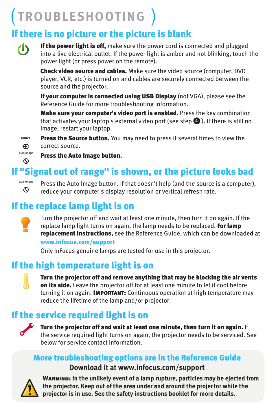 Troubleshooting, If there is no picture or the picture is blank, If the replace lamp light is on | If the high temperature light is on, If the service required light is on | InFocus IN3900 User Manual | Page 7 / 8