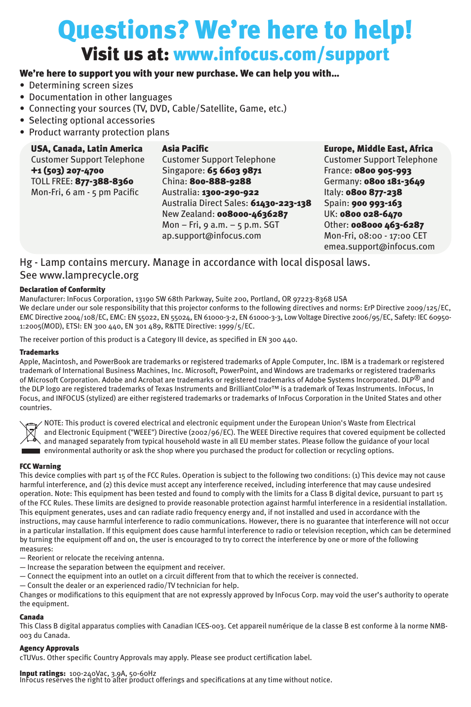 Questions? we’re here to help | InFocus IN3900 User Manual | Page 8 / 8