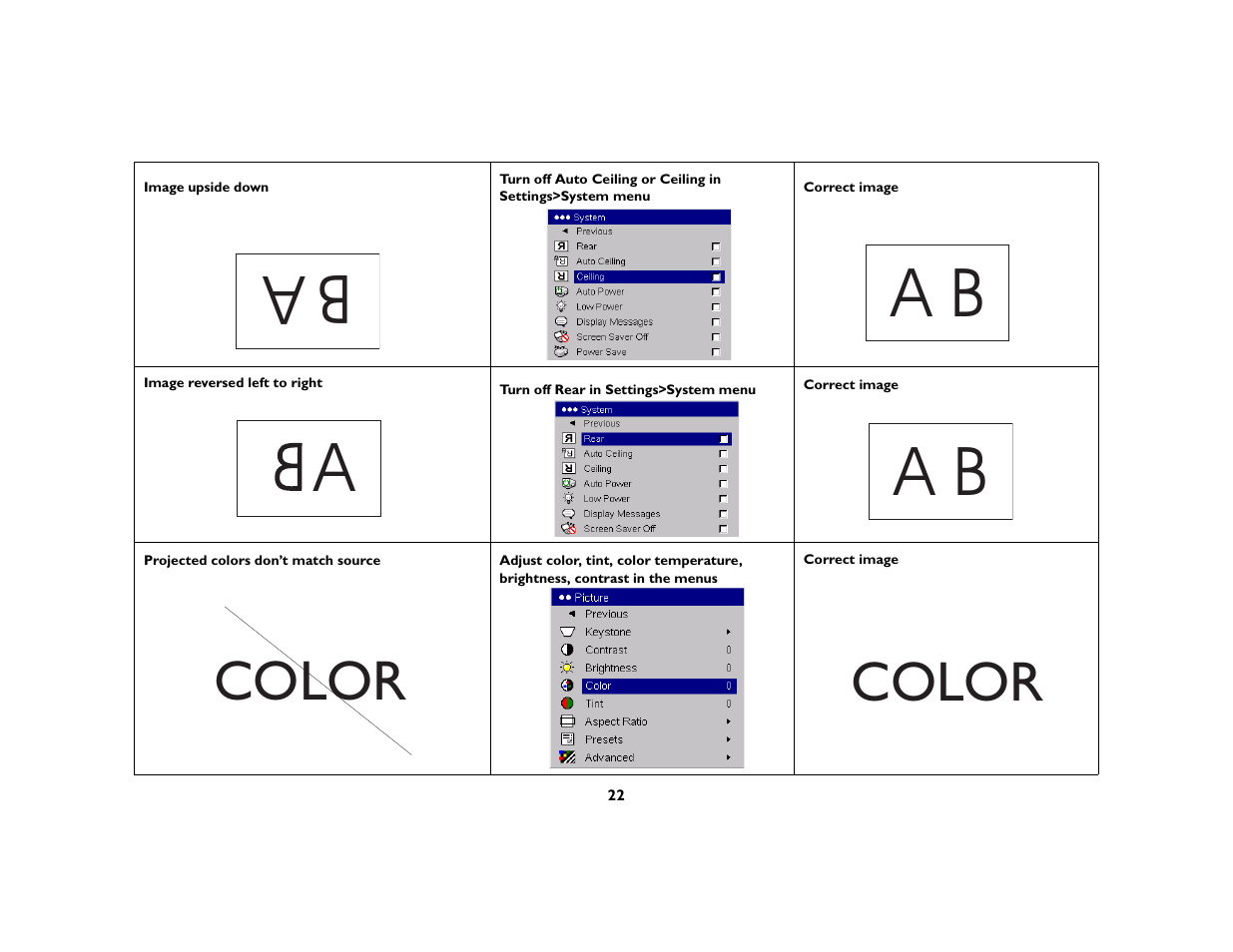 Color | InFocus C170 User Manual | Page 22 / 51