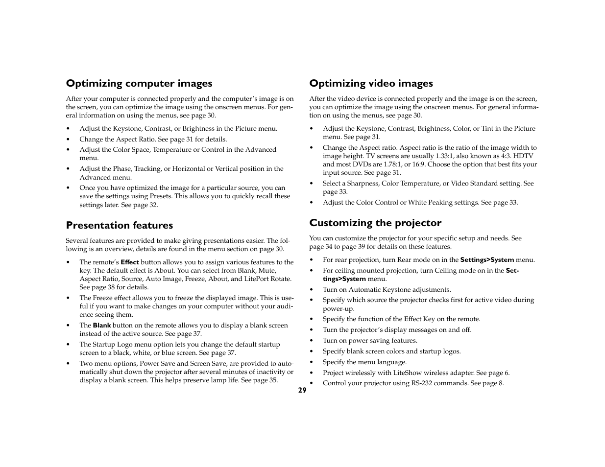 Optimizing computer images, Presentation features, Optimizing video images | Customizing the projector | InFocus C170 User Manual | Page 29 / 51