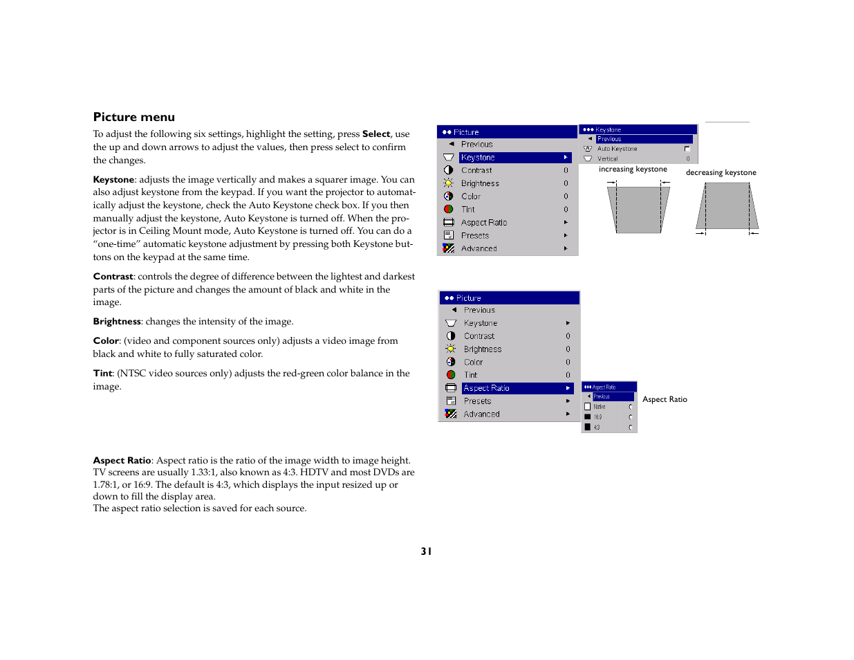 Picture menu | InFocus C170 User Manual | Page 31 / 51