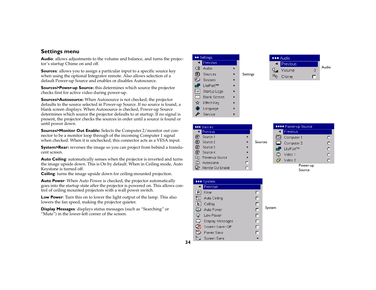 Settings menu | InFocus C170 User Manual | Page 34 / 51