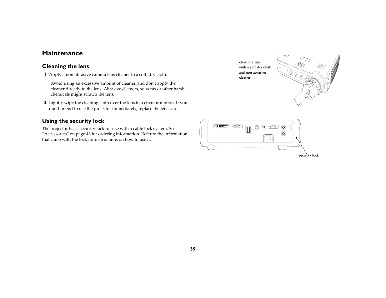 Maintenance, Cleaning the lens, Using the security lock | Maintenance 39 | InFocus C170 User Manual | Page 39 / 51