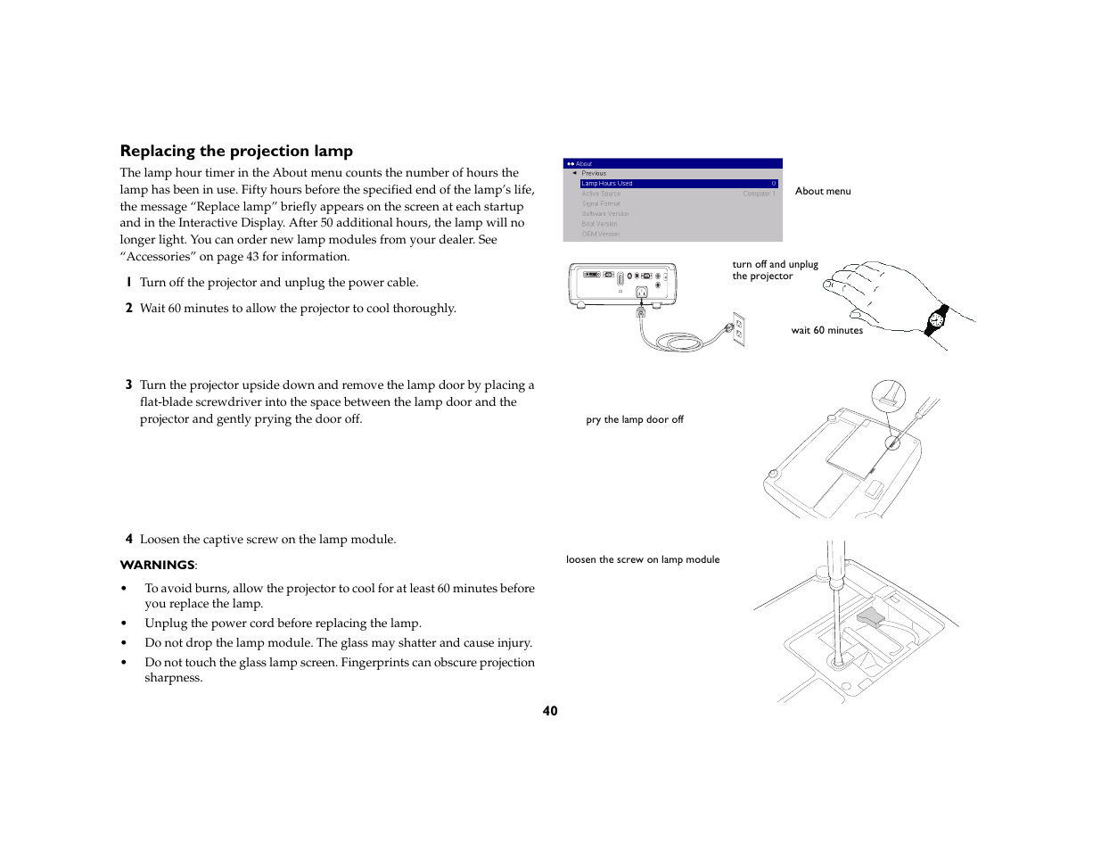 Replacing the projection lamp | InFocus C170 User Manual | Page 40 / 51