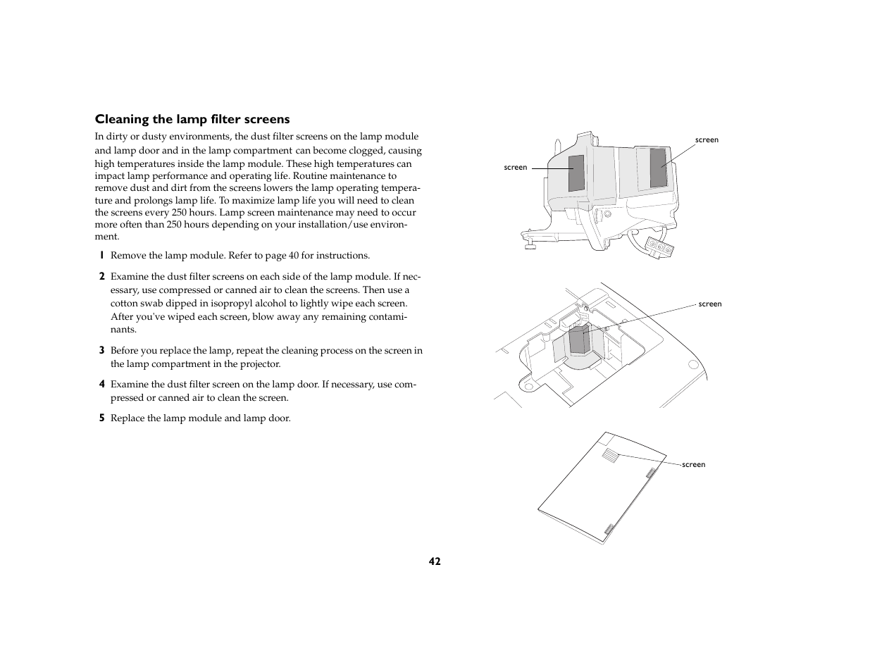 Cleaning the lamp filter screens | InFocus C170 User Manual | Page 42 / 51