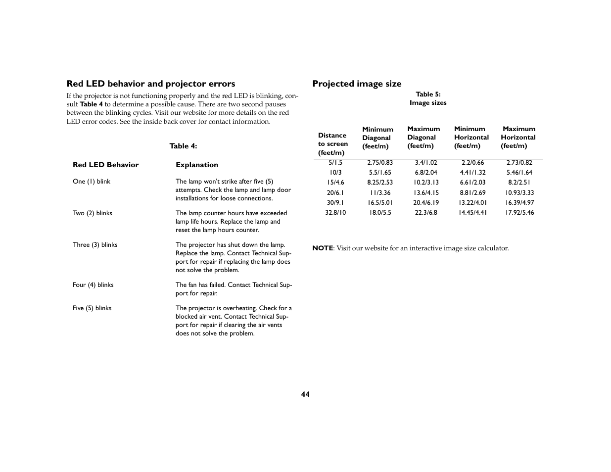 Projected image size, Red led behavior and projector errors | InFocus C170 User Manual | Page 44 / 51