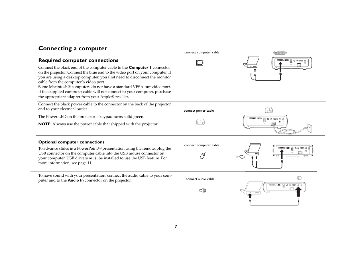 Connecting a computer, Required computer connections | InFocus C170 User Manual | Page 7 / 51