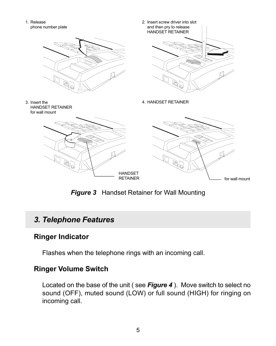 Telephone features, Ringer indicator, Ringer volume switch | Figure 3 handset retainer for wall mounting | Interquartz BASIC PHONE 98380 User Manual | Page 6 / 12