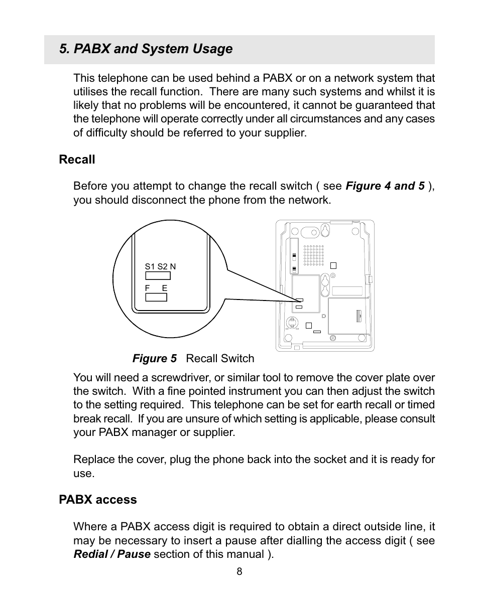 Pabx and system usage, Recall, Pabx access | Interquartz BASIC PHONE 98380 User Manual | Page 9 / 12