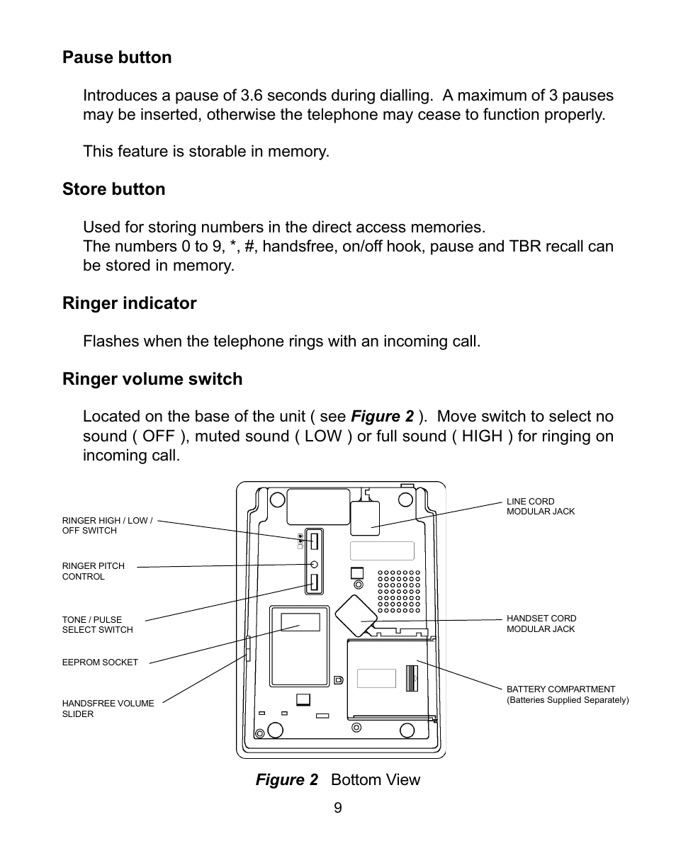 Pause button, Store button, Ringer indicator | Ringer volume switch, Figure 2 bottom view | Interquartz 98583 User Manual | Page 10 / 23