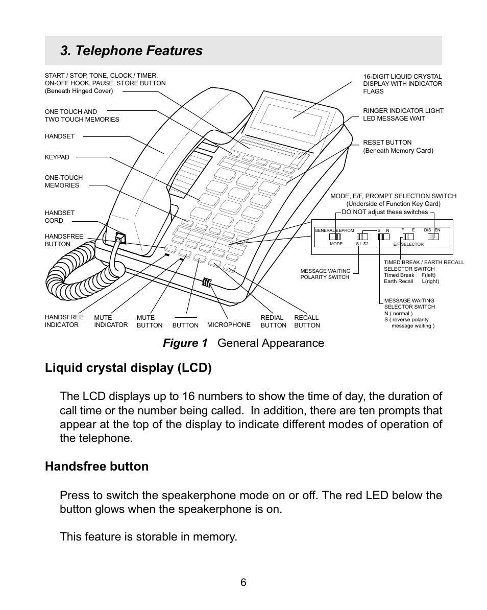Telephone features, Liquid crystal display (lcd), Handsfree button | Figure 1 general appearance | Interquartz 98583 User Manual | Page 7 / 23