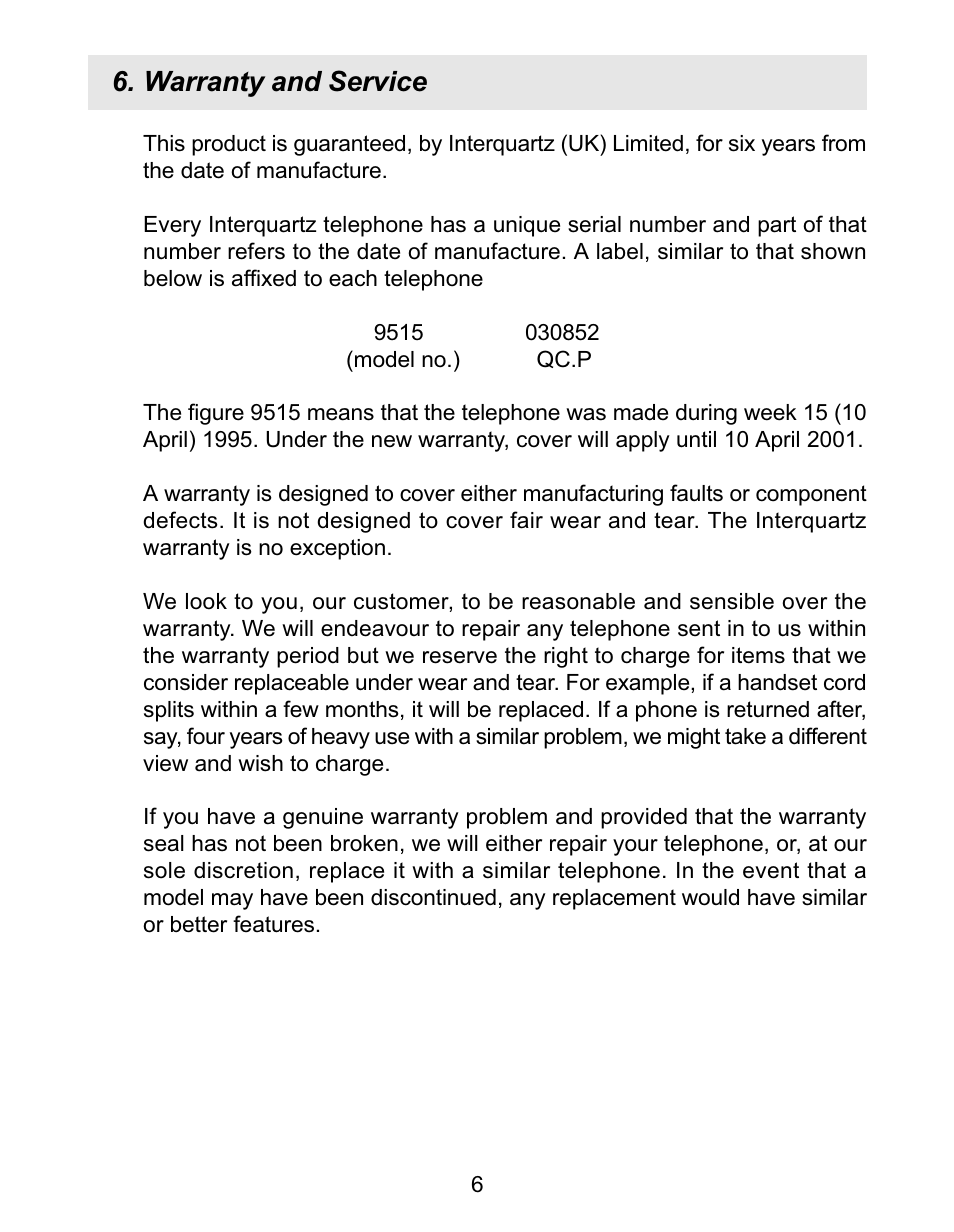 Warranty and service | Interquartz 9826N User Manual | Page 7 / 11