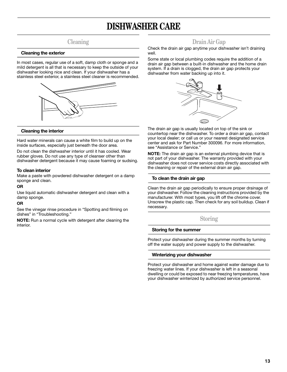 Dishwasher care, Cleaning, Drain air gap | Storing | Inglis Home Appliances INGLIS IRD6750 User Manual | Page 13 / 16