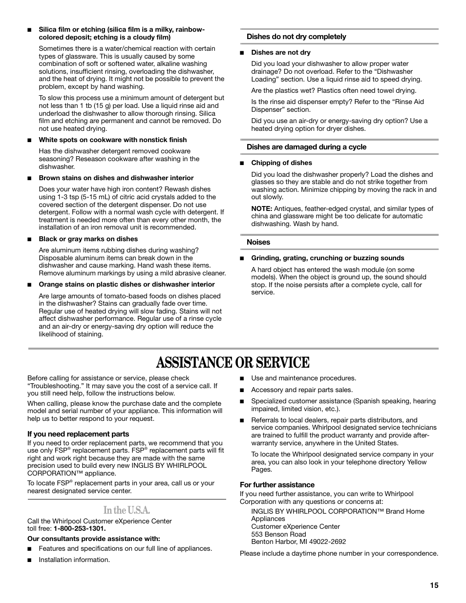Assistance or service | Inglis Home Appliances INGLIS IRD6750 User Manual | Page 15 / 16