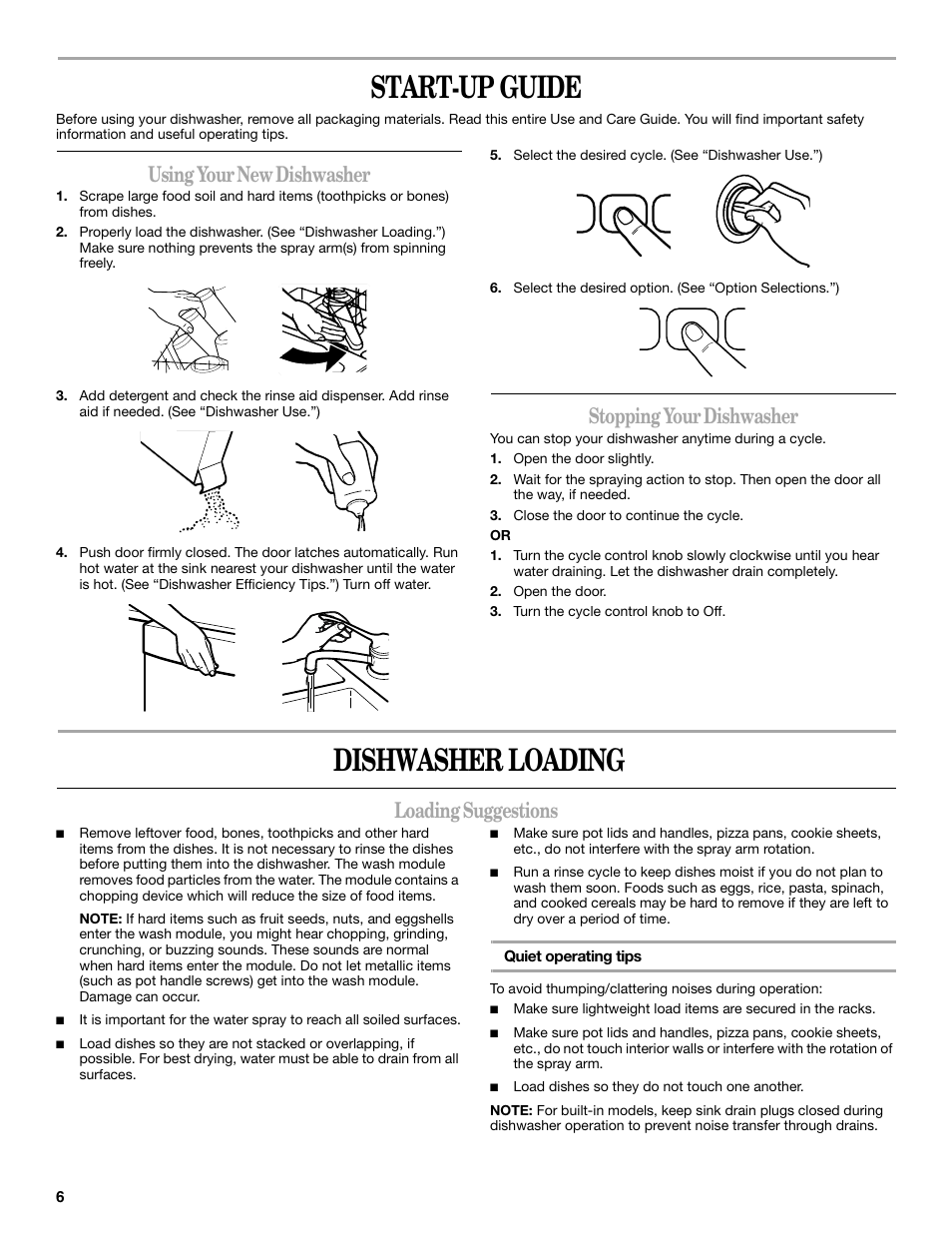 Start-up guide, Dishwasher loading, Using your new dishwasher | Stopping your dishwasher, Loading suggestions | Inglis Home Appliances INGLIS IRD6750 User Manual | Page 6 / 16