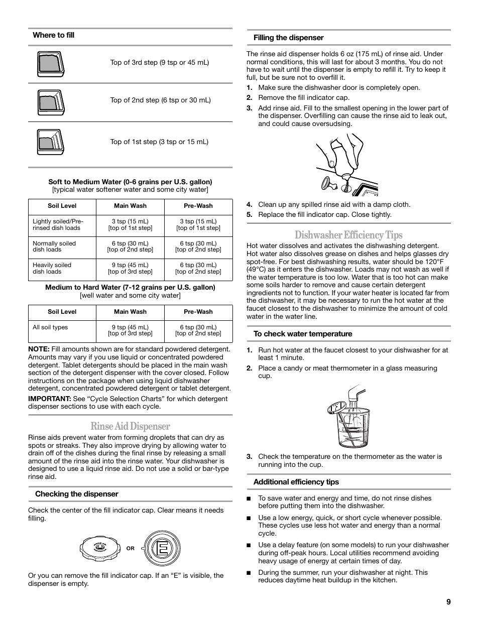 Rinse aid dispenser, Dishwasher efficiency tips | Inglis Home Appliances INGLIS IRD6750 User Manual | Page 9 / 16