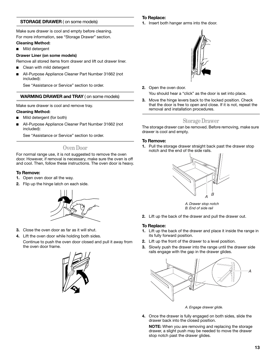 Oven door, Storage drawer | Inglis Home Appliances W10017680 User Manual | Page 13 / 16