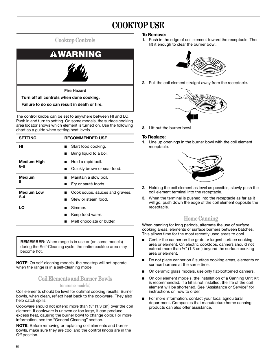 Cooktop use, Warning, Cooktop controls | Coil elements and burner bowls, Home canning | Inglis Home Appliances W10017680 User Manual | Page 6 / 16