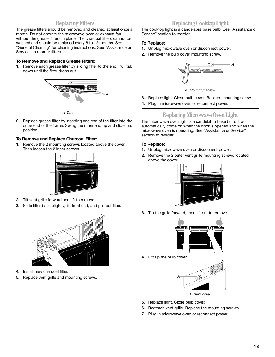 Replacing filters, Replacing cooktop light, Replacing microwave oven light | Inglis Home Appliances IOR14XR User Manual | Page 13 / 16