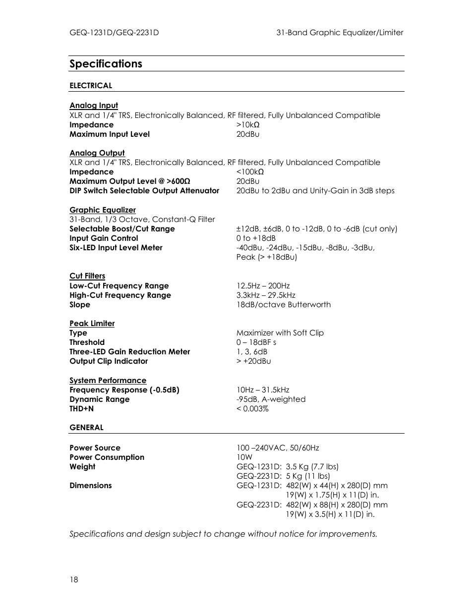 Specifications | Intermec GEQ-2231D User Manual | Page 18 / 19