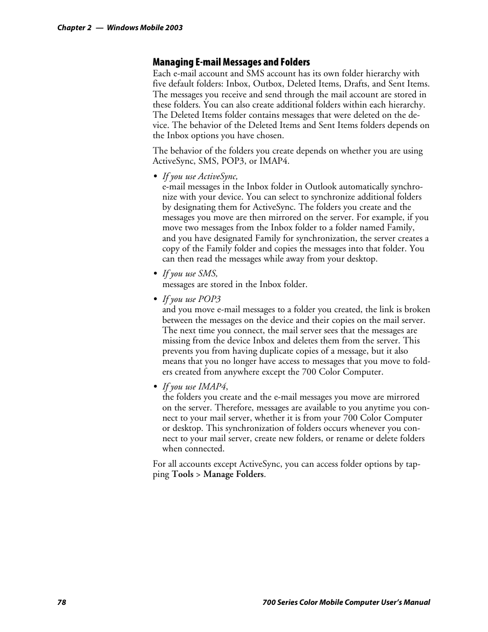 Managing e-mail messages and folders | Intermec 700 User Manual | Page 102 / 452
