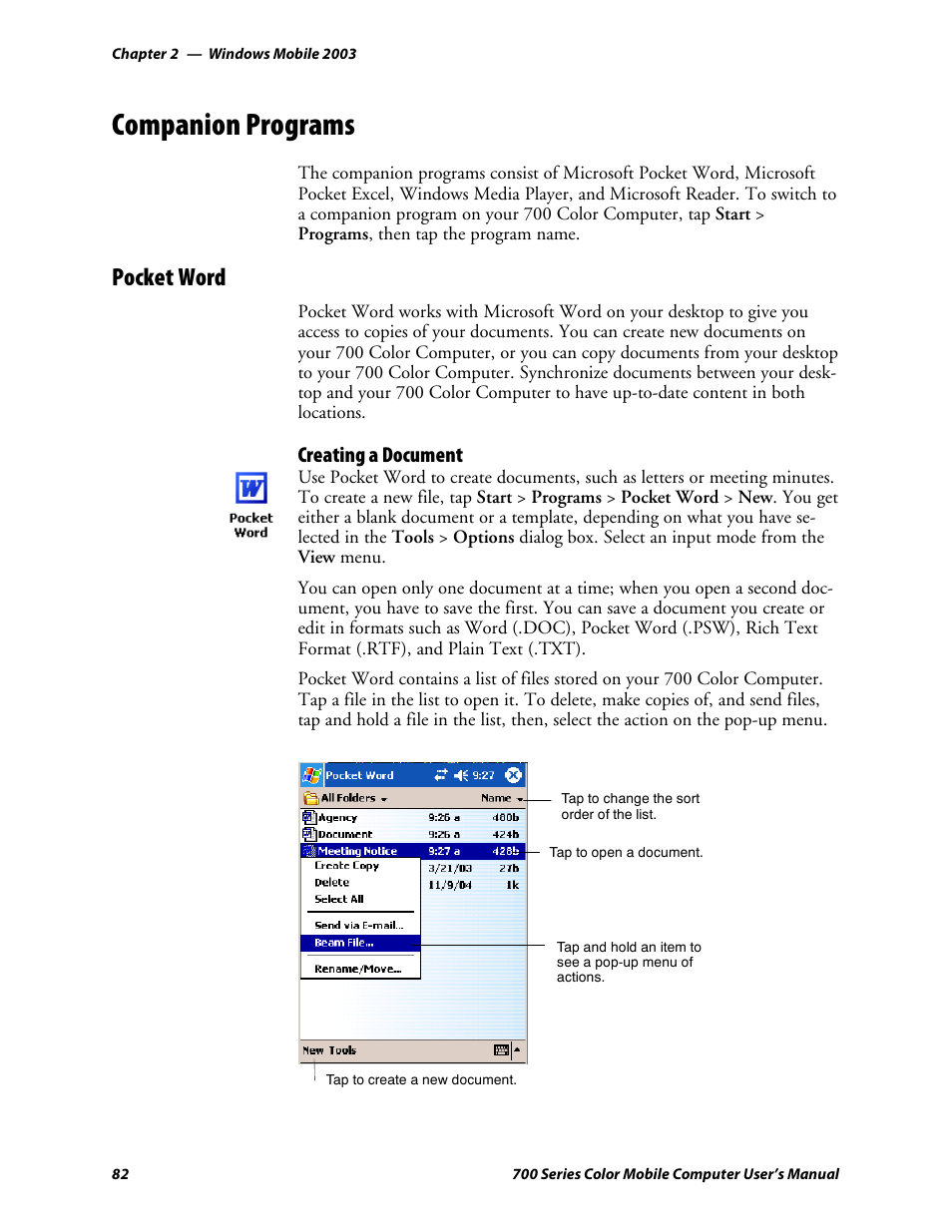 Companion programs, Pocket word, Creating a document | Intermec 700 User Manual | Page 106 / 452