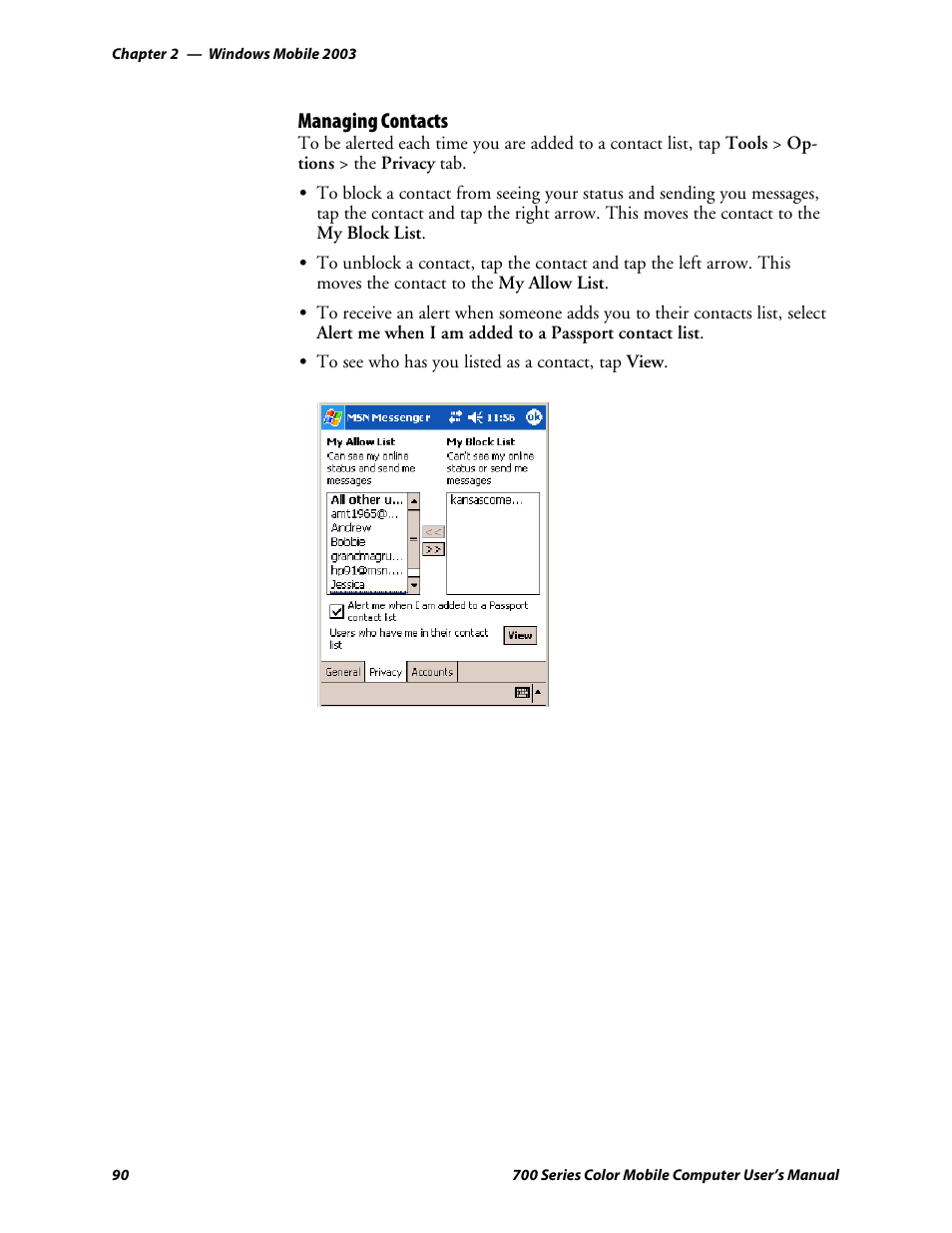 Managing contacts | Intermec 700 User Manual | Page 114 / 452