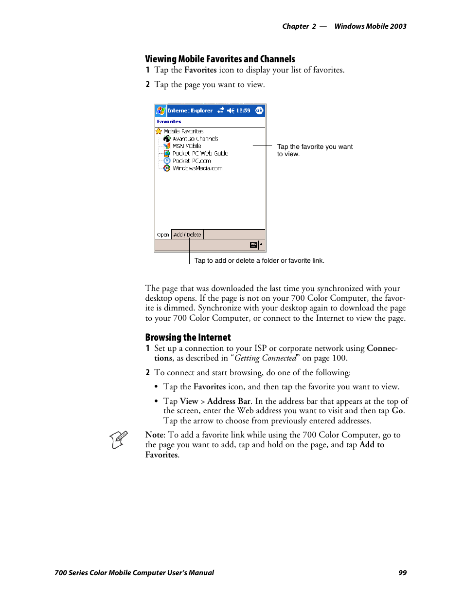 Viewing mobile favorites and channels, Browsing the internet | Intermec 700 User Manual | Page 123 / 452