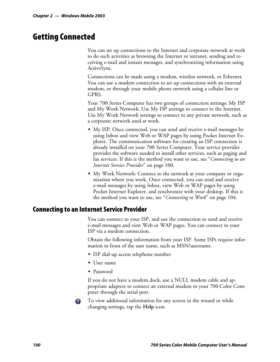 Getting connected, Connecting to an internet service provider | Intermec 700 User Manual | Page 124 / 452