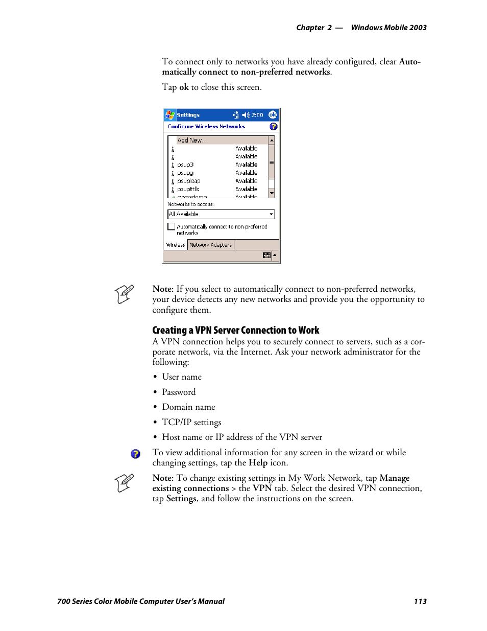 Creating a vpn server connection to work | Intermec 700 User Manual | Page 137 / 452