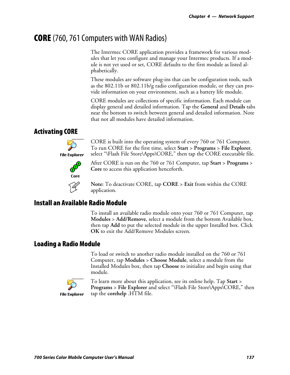 Core (760, 761 computers withwan radios), Activating core, Install an available radio module | Loading a radio module | Intermec 700 User Manual | Page 161 / 452