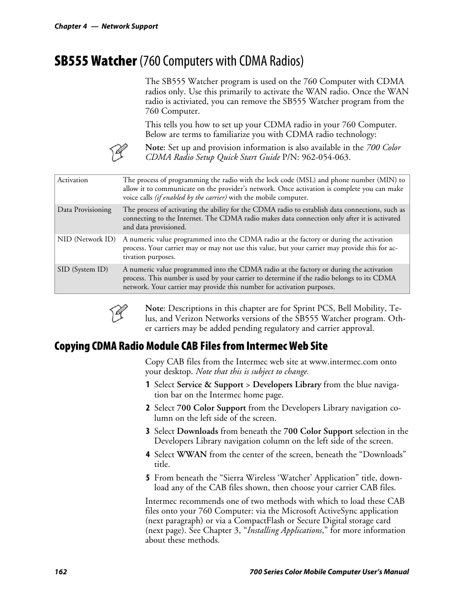 Sb555 watcher (760 computers with cdma radios) | Intermec 700 User Manual | Page 186 / 452