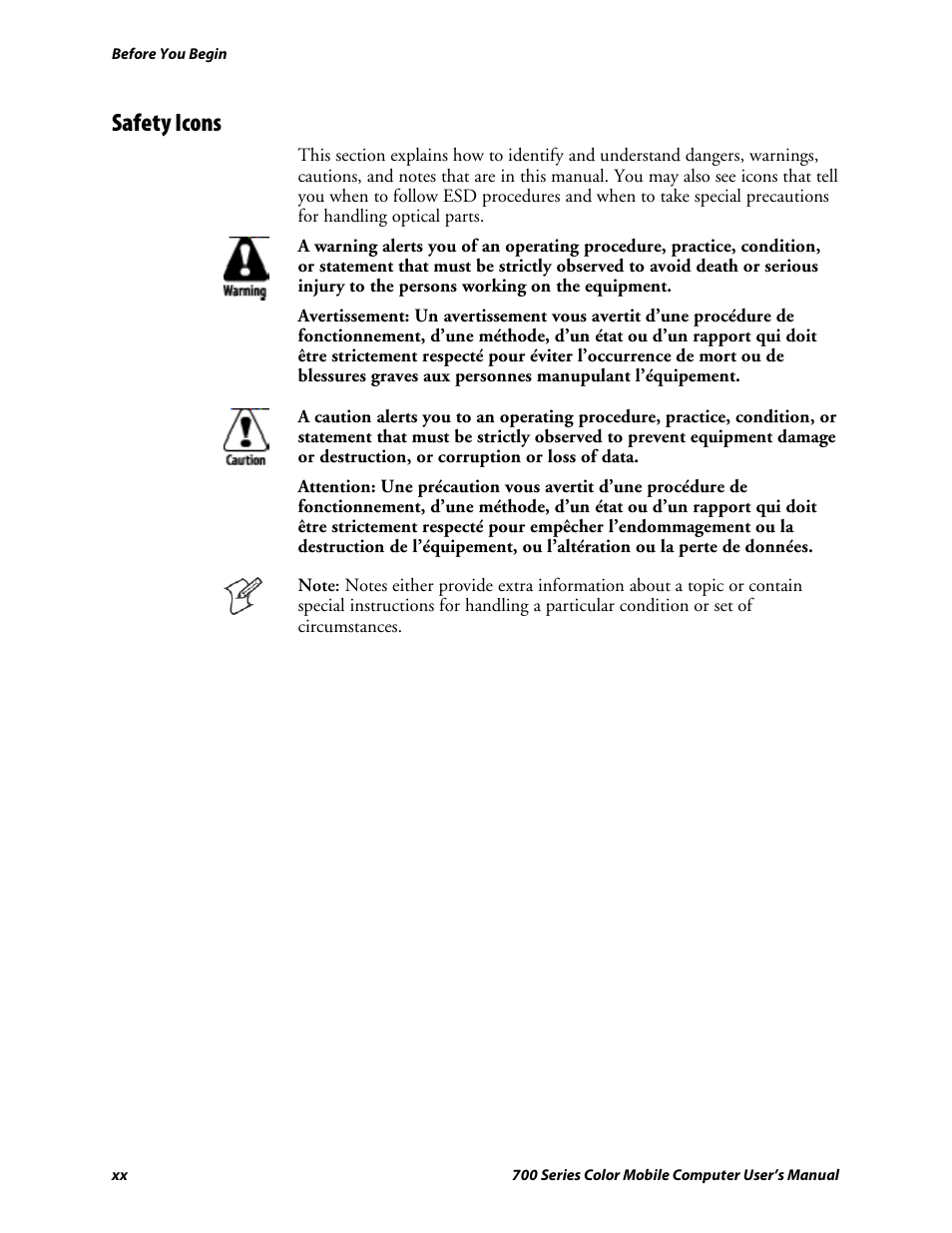 Safety icons | Intermec 700 User Manual | Page 20 / 452