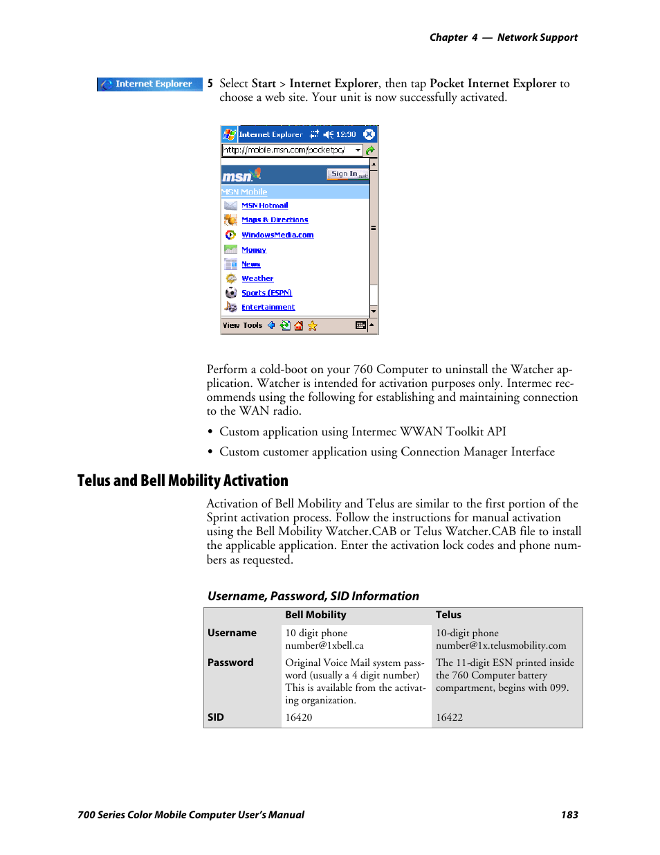 Telus and bell mobility activation | Intermec 700 User Manual | Page 207 / 452