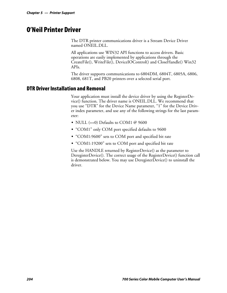 O’neil printer driver, Dtr driver installation and removal | Intermec 700 User Manual | Page 228 / 452