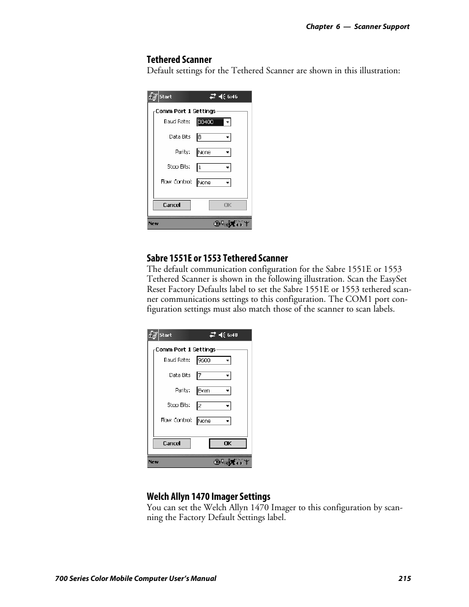 Tethered scanner, Welch allyn 1470 imager settings | Intermec 700 User Manual | Page 239 / 452