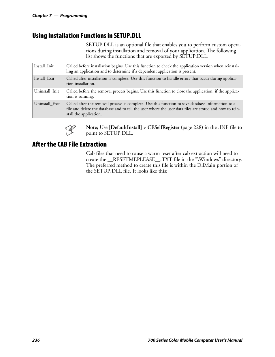 Using installation functions in setup.dll, After the cab file extraction | Intermec 700 User Manual | Page 260 / 452