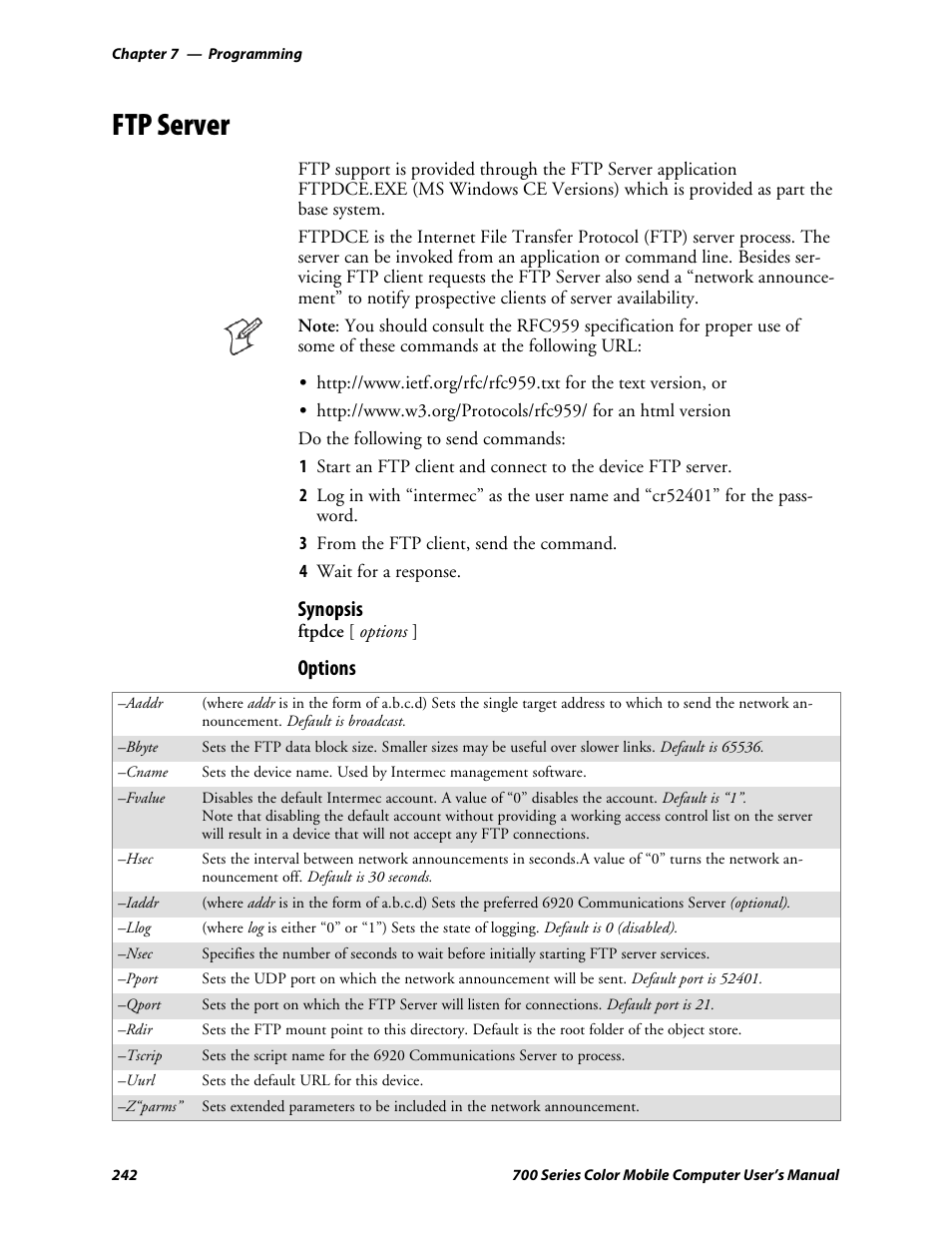 Ftp server, Synopsis, Options | Intermec 700 User Manual | Page 266 / 452