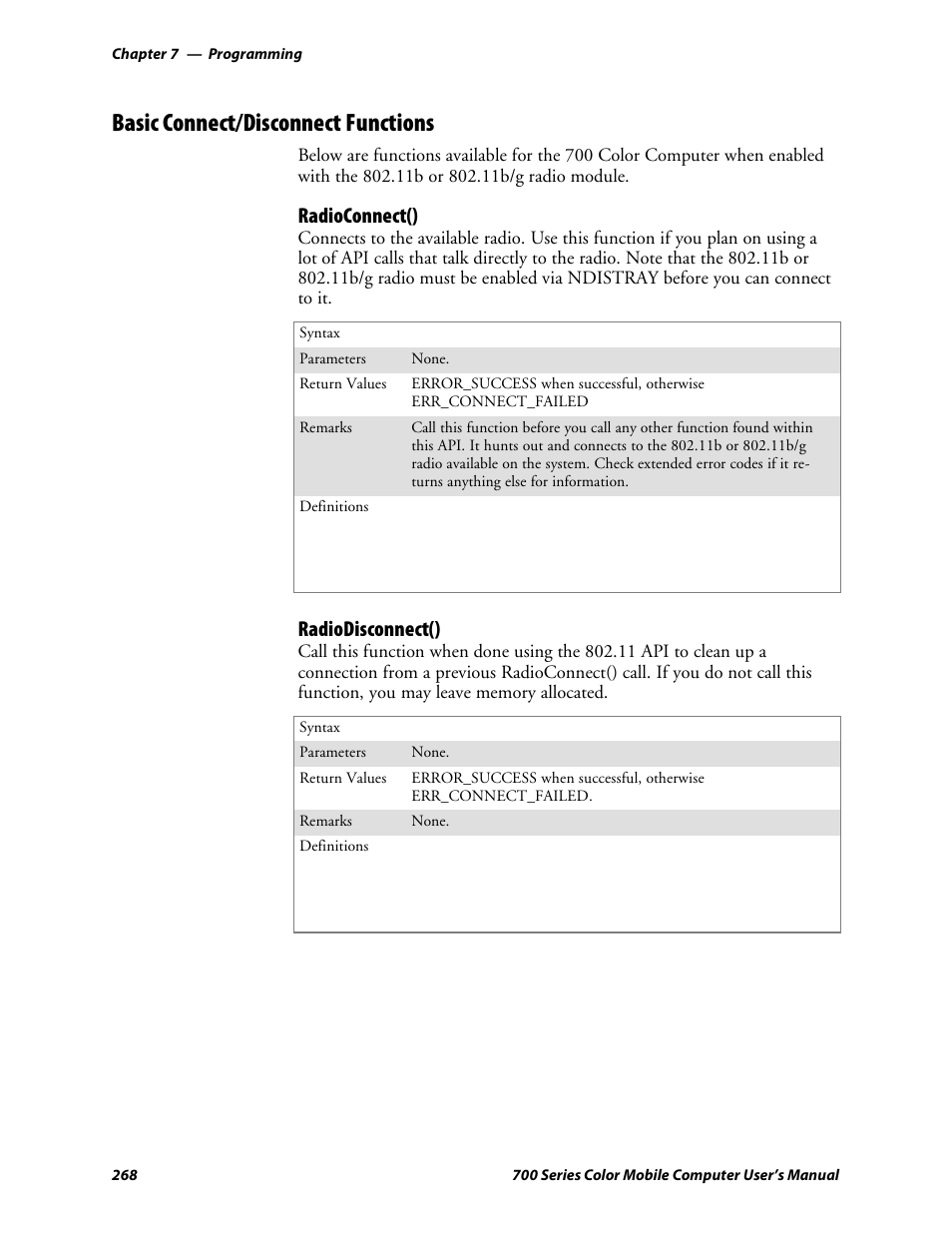 Basic connect/disconnect functions, Radioconnect(), Radiodisconnect() | Intermec 700 User Manual | Page 292 / 452