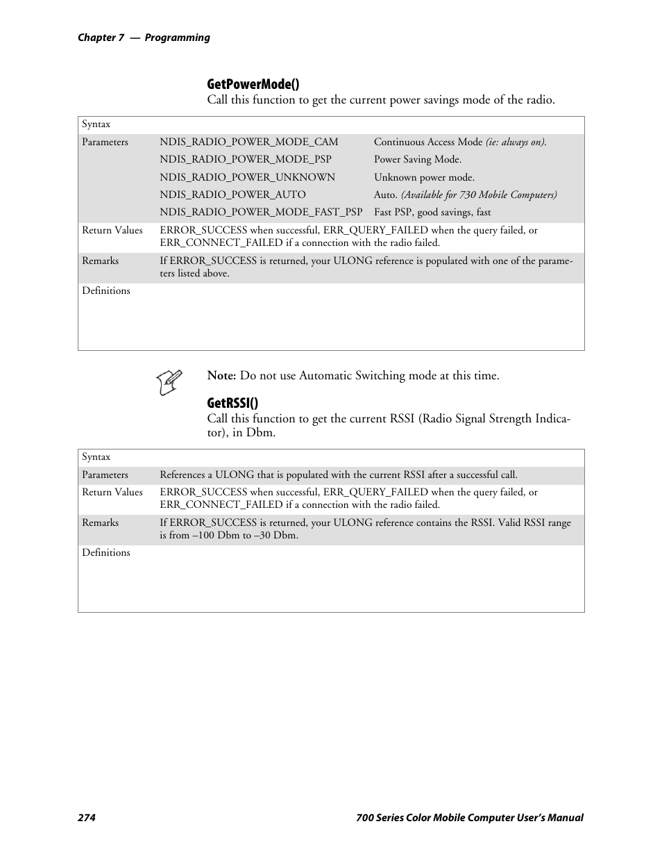 Getpowermode(), Getrssi() | Intermec 700 User Manual | Page 298 / 452