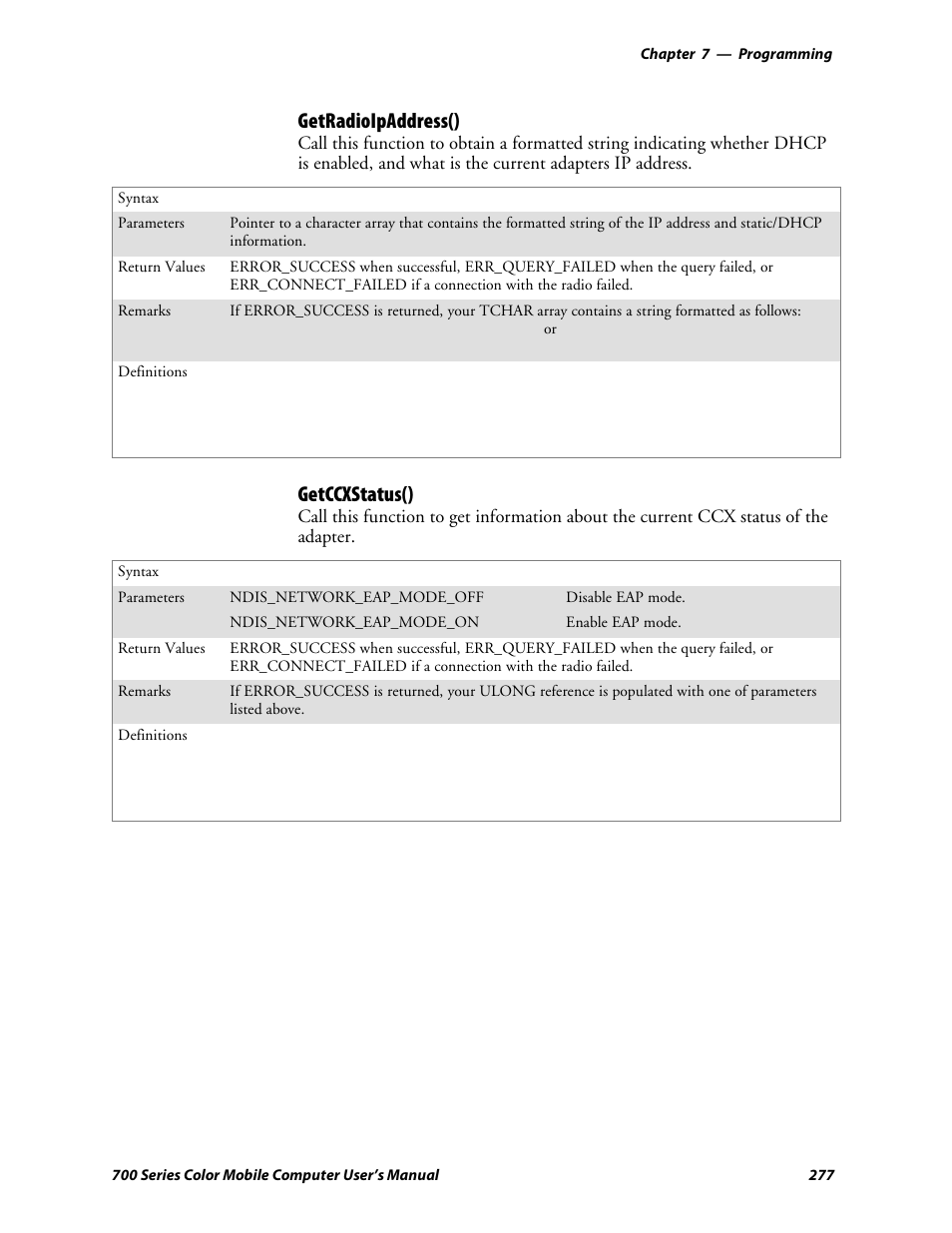 Getradioipaddress(), Getccxstatus() | Intermec 700 User Manual | Page 301 / 452