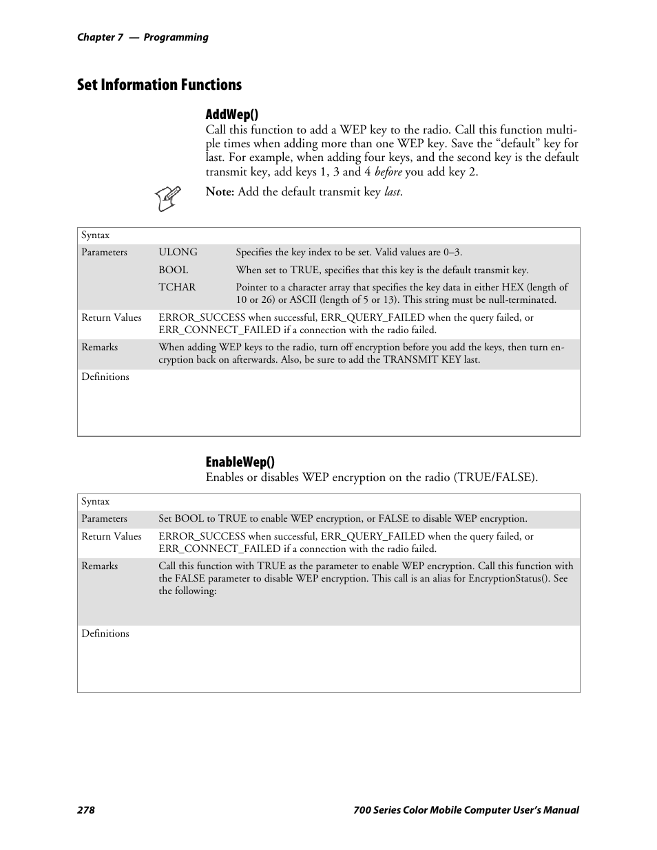 Set information functions, Addwep(), Enablewep() | Intermec 700 User Manual | Page 302 / 452