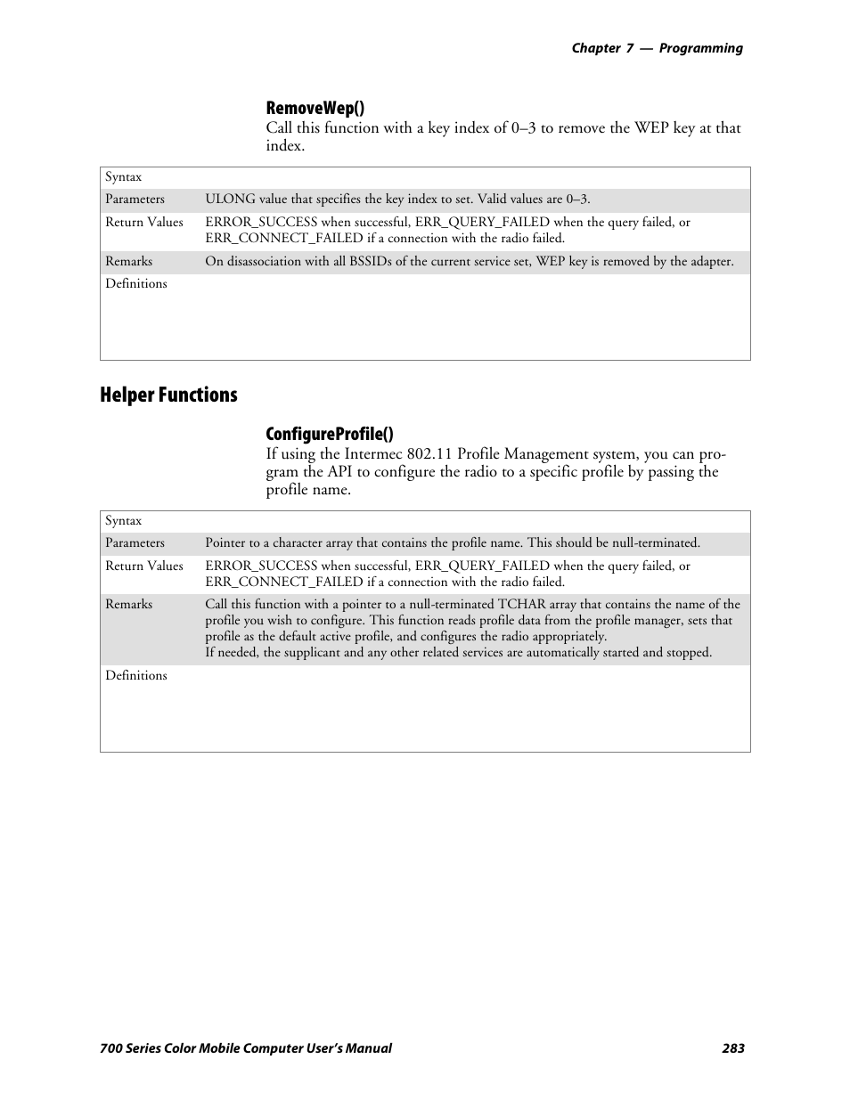 Helper functions, Removewep(), Configureprofile() | Intermec 700 User Manual | Page 307 / 452
