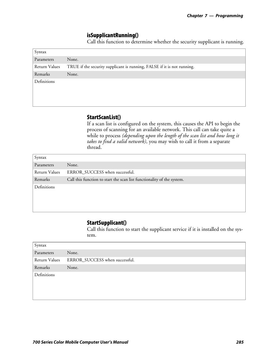 Issupplicantrunning(), Startscanlist(), Startsupplicant() | Intermec 700 User Manual | Page 309 / 452