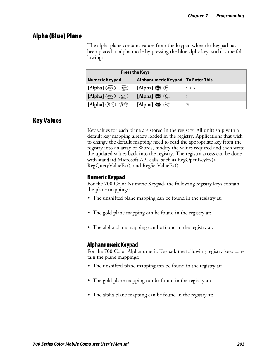Alpha (blue) plane, Key values, Numeric keypad | Alphanumeric keypad | Intermec 700 User Manual | Page 317 / 452