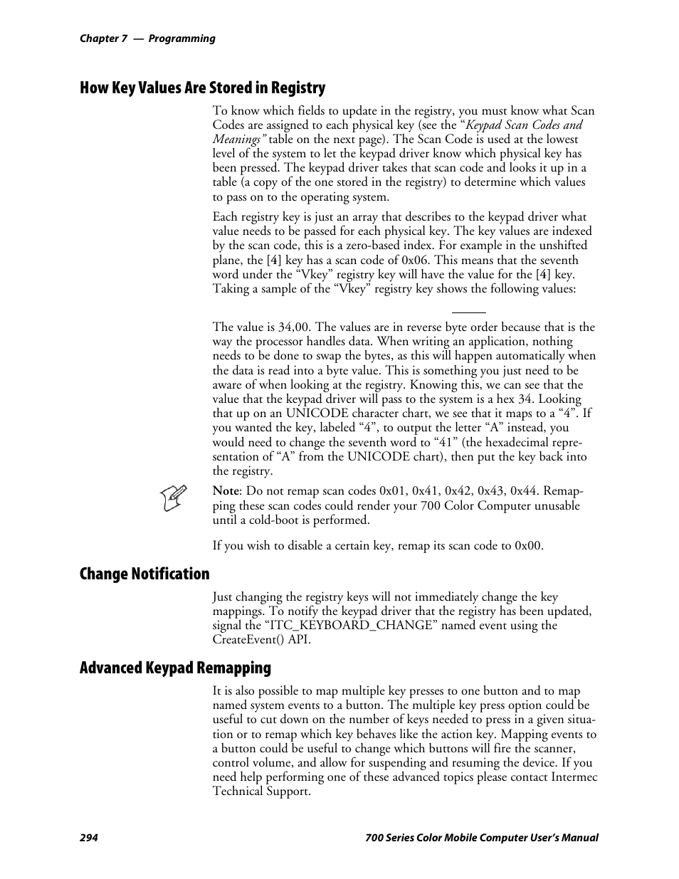 How key values are stored in registry, Change notification, Advanced keypad remapping | Intermec 700 User Manual | Page 318 / 452